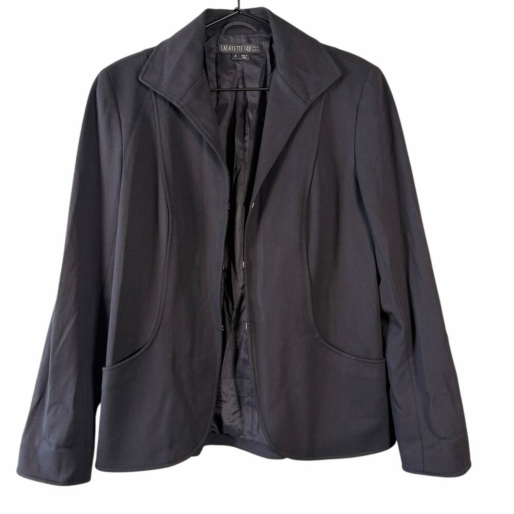 Lafayette 148 New York Black Wool Stretch Hook & Eye Structured Blazer Jacket 4